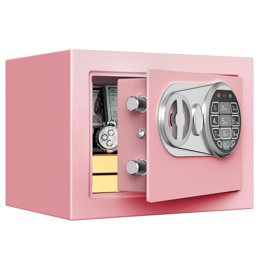 Goldenkey Small Kids Safe for Money, Digital Mini Safes with Keys&Code for Cash, Safe Box for Personal Items for Home, 6.69"D x 9.05"W x 6.69"H, Pink