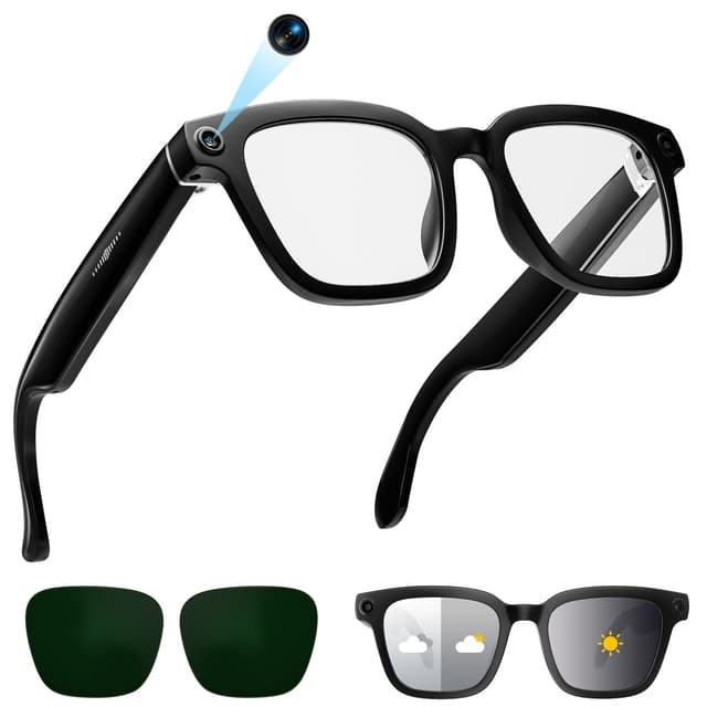 AI Smart Glasses with Camera, 1080P Video Recording Glasses, 8MP Camera Glasses, Real Time Translation, ChatGPT AI Voice Assistant, Open-Ear Audio,Sunglasses with Color-Changing Clear and Green Lenses