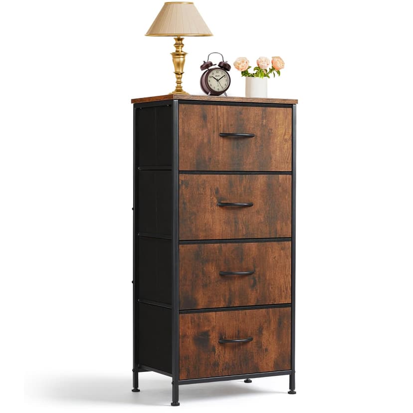 Nightstand, 4 Drawer Dresser End Table Bedside Furniture with Wooden Top Steel Frame Fabric Bins for Bedroom, Closet, Entryway, Dorm, Living Room, Brown