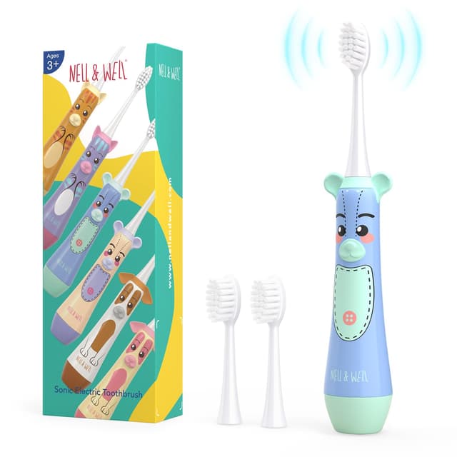 NELL&WELL Kids Electric Toothbrush, 2-Min Timer, 3 Modes with Memory, IPX 7 Waterproof, Battery Powered Kids Toothbrush with 3 Soft Bristles Heads for Children Boys and Girls Ages 3+