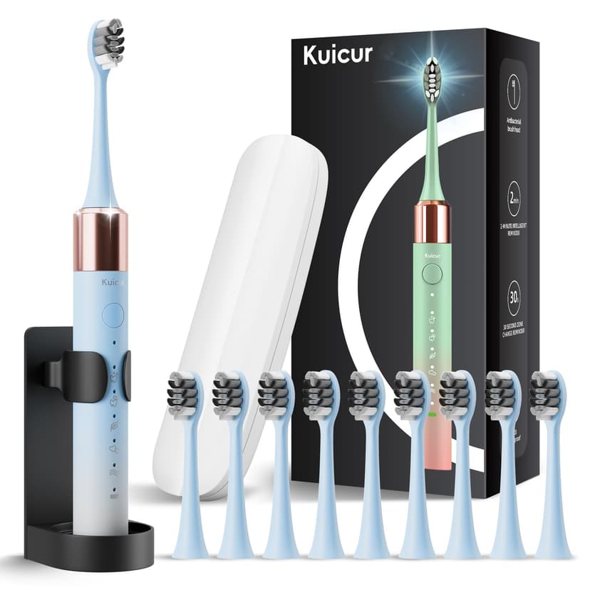 Kuicur Sonic Electric Toothbrush for Adults and Kids, Comes with 10 Brush Heads & Travel Case, 5 Modes with 2 Minutes Built in Smart Timer, One Charge for 90 Days, 42,000 VPM Motor (Blue and White)