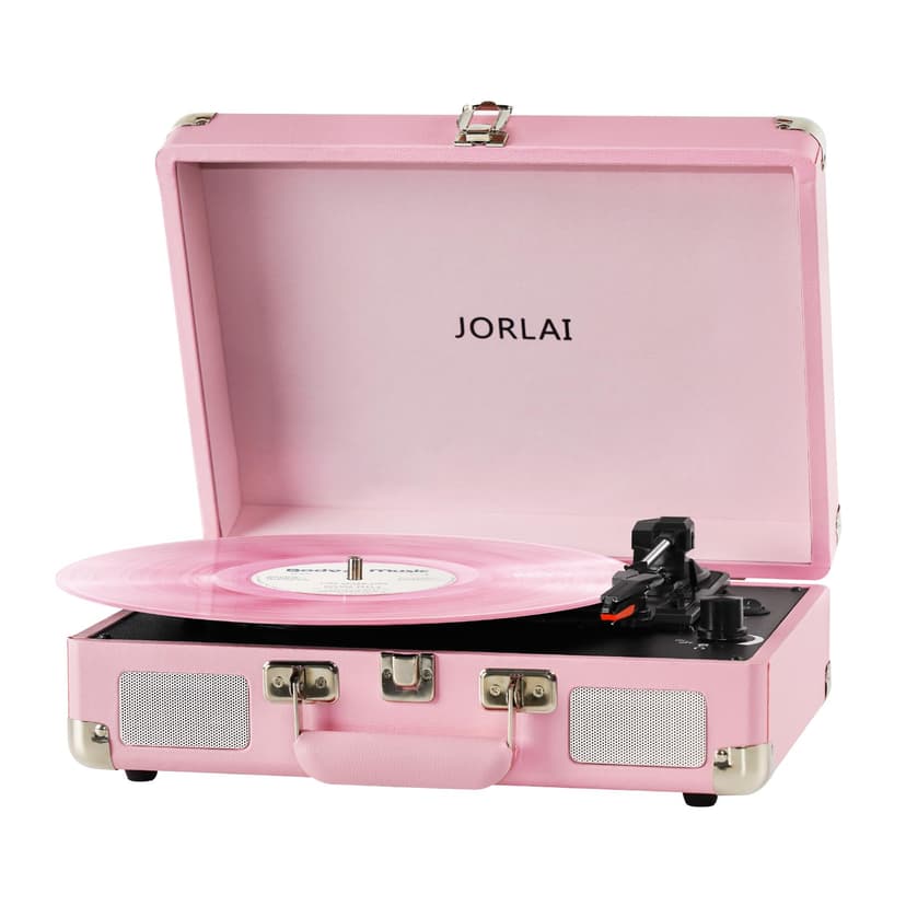 JORLAI Pink Vinyl Record Player 3 Speeds Portable Suitcase Turntable with Built-in Dual Speakers, Bluetooth Gramophone with Built-in Battery 3.5mm Aux Input/RCA Output