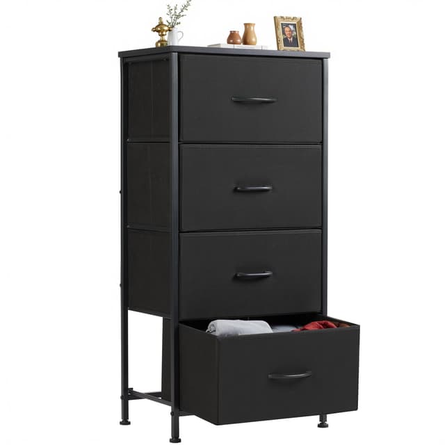 Sweetcrispy Nightstand Small Bedroom Dresser with 4 Fabric Drawers, Bed Side Furniture End Table, Wooden Top Cabinet Night Stand Dresser for Closet, Entryway, Dorm, Black