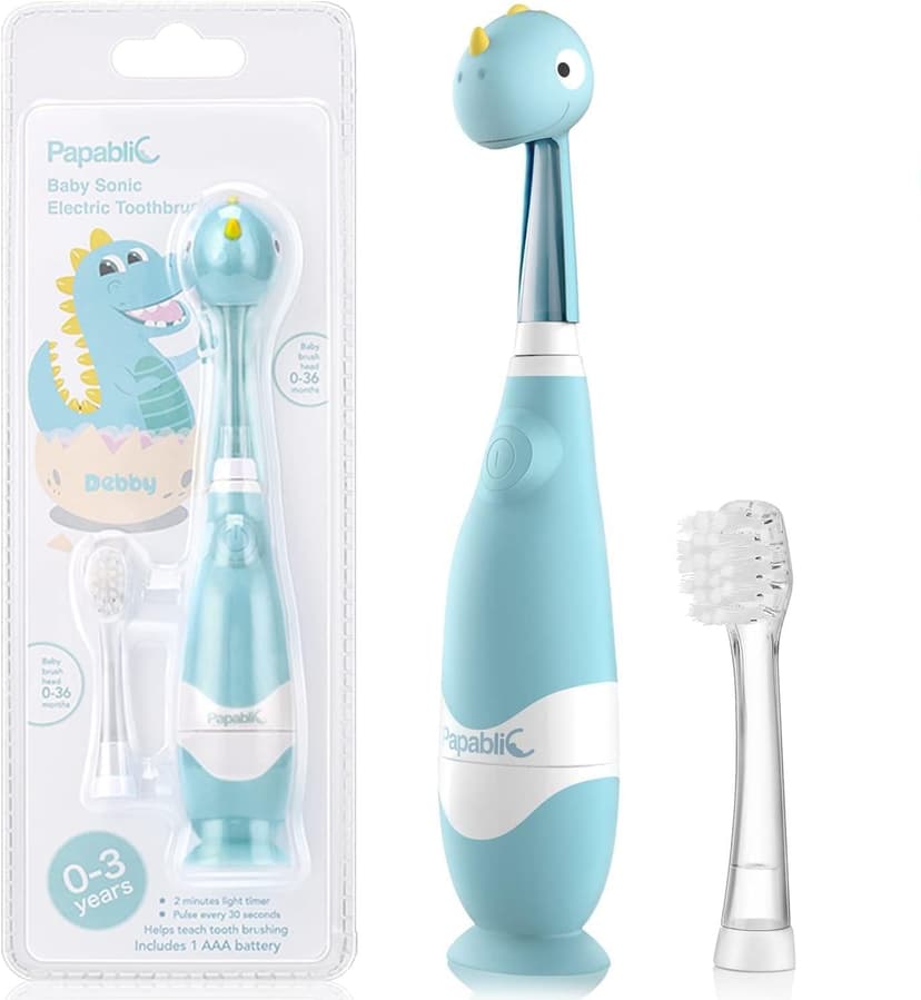 Papablic Toddler Sonic Electric Toothbrush Kids for Ages 1-3 Years, Baby Electric Toothbrush with Cute Dino Cover and Smart LED Timer, 2 Brush Heads (Debby)
