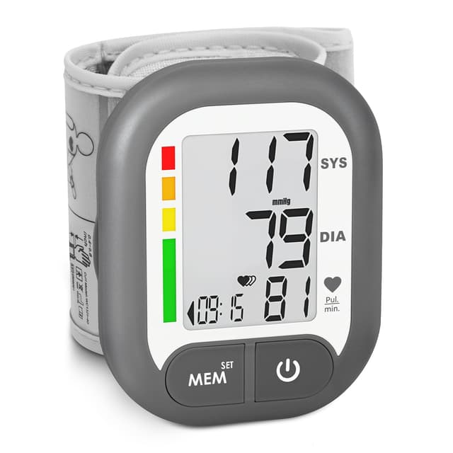 Blood Pressure Monitor Adjustable Wrist Cuff for Home Use Automatic BP Machine Large Digital LCD Display 199 Memory Batteries Included with Carrying Case, Grey