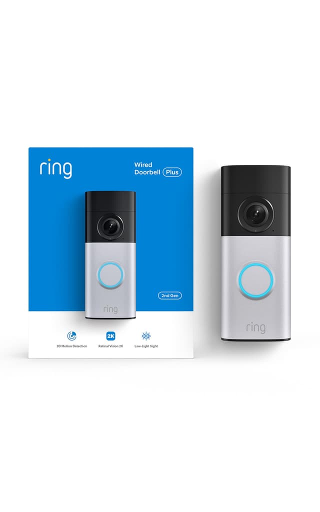 Ring Wired Doorbell Plus (newest model), Home or business security, Retinal 2K with wide-angle video, 4x Enhanced Zoom, and Low-Light Sight, Nickel Silver