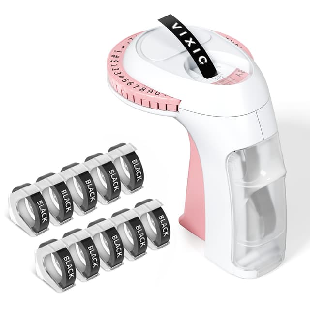 Vixic Pink Embossing Label Maker Machine with Tapes, Vintage Embossed Label Maker, Retro Embossing Machine with 10 Rolls 9mm 3D Embossing Label Tapes for Home Office Kids DIY Crafting School