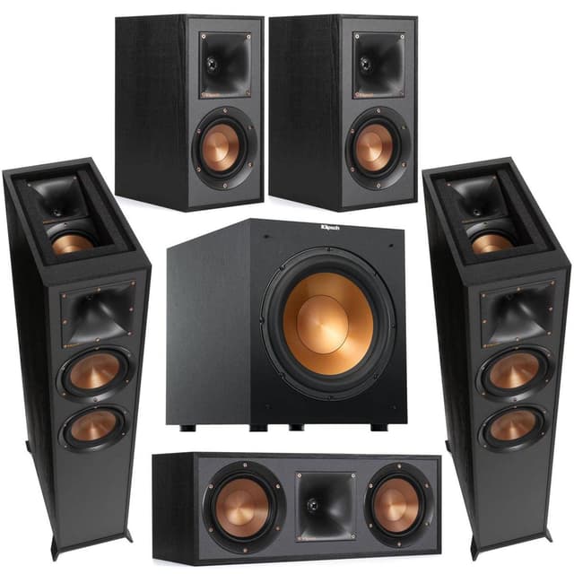 Klipsch Reference 5.1 Dolby Atmos Home Theater System with R-625FA Floorstanding Speakers, R-52C Center, R-41M Surrounds & R-12SW 12" Powered Subwoofer, Black (Speaker System + Subwoofer)