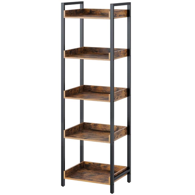 Rolanstar Bookshelf, 5-Tier Storage Rack, Narrow Corner Bookshelf, Display Wooden Shelves for Living Room, Bathroom, Balcony, Kitchen,Rustic Brown