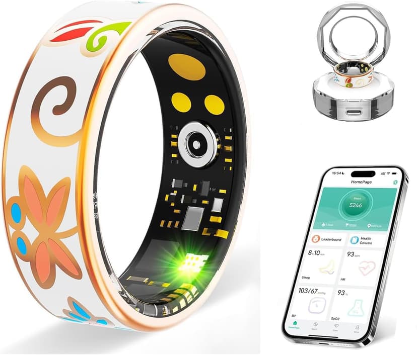 DSHKISK Smart Ring for Women & Men, Fitness Tracker with Heart Rate, SpO2, Blood Pressure & Sleep Monitoring, IP68 Waterproof, Long Battery Life, No Monthly Fees, for iPhone Android (8#&Floral)