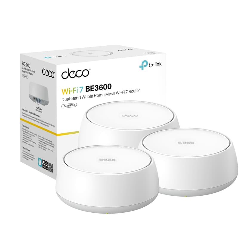 TP-Link Deco 7 BE23 Dual-Band BE3600 WiFi 7 Mesh Wi-Fi System | 4-Stream 3.6 Gbps, 160 Mhz | Covers up to 6,500 Sq.Ft | 2× 2.5G Ports Wired Backhaul | VPN,MLO,AI-Roaming, HomeShield, 3-Pack