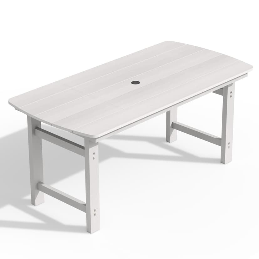 Ciokea HDPE Outdoor Dining Table with Umbrella Hole,66" Rectangle Patio Table for 6,All-Weather Outdoor Patio Furniture Set for Garden Backyard,White
