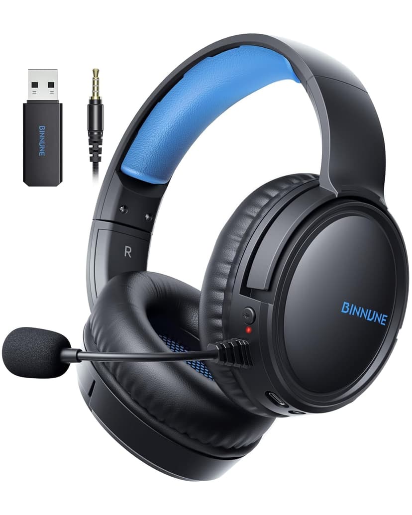 BINNUNE Wireless Gaming Headset — 2.4GHz Low-Latency USB Dongle + Bluetooth, 50mm Drivers 7.1 Surround, Noise-Cancelling Mic, 40H Battery — Over Ear Wireless Headphones for PS5, PC, Laptop, Blue