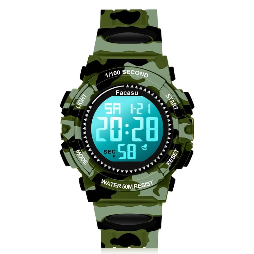 Facasu Camo Sports Watch for Boys-50M Waterproof Kids Teen Boys Digital Watch with Alarm&Snooze,Stopwatch Military Design Silicone Band Gift for Boys-8+ Years Old(Camo Green)