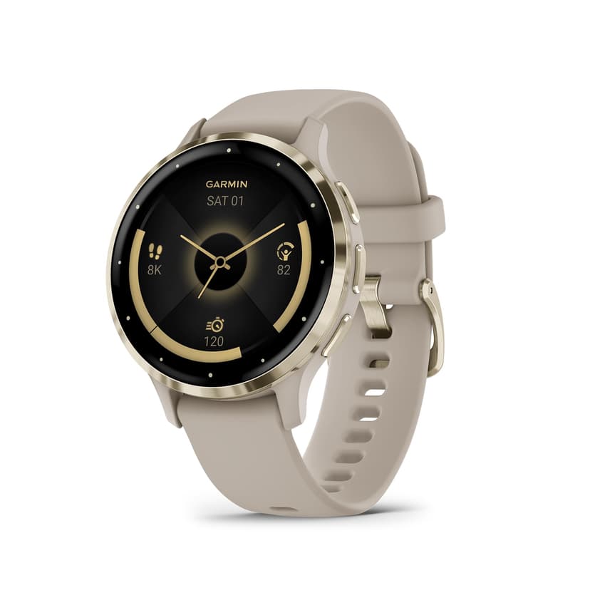 Garmin Venu 3S Soft Gold Stainless Steel Bezel 1.2-Inch AMOLED Touchscreen Display Smart Watch, Phone Supported with 41mm French Gray Case and Silicone Band
