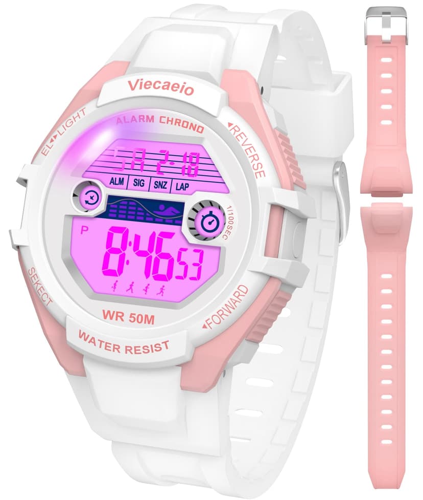 Kids Digital Watch for Boys Girls,2 Interchangeable Silicone Straps, 50M Waterproof & Shockproof Sports Watch with 7-Color LED Backlight, Alarm, Stopwatch, Calendar (Ages 5-18) (White with Pink)