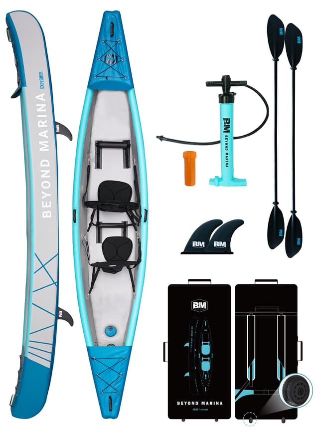 BEYOND MARINA Inflatable Kayak 2 Person Adult- Drop Stitch Tandem Kayak | with Aluminum Paddles, Seats, Footrests, Pump, Fins, Explorer 13.77ft
