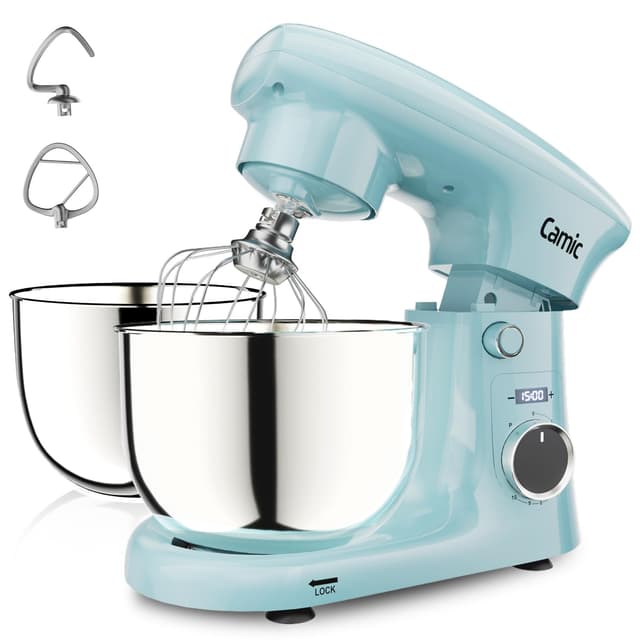 Camic Stand Mixer, 4.2QT+5.3QT Two bowls Electric Food Mixer, 10 Speeds with Digital setting 3-IN-1 Kitchen Mixer for Baking Cakes Cookie Bread Salad with Egg Whisk,Dough Hook,Flat Beater(Blue)