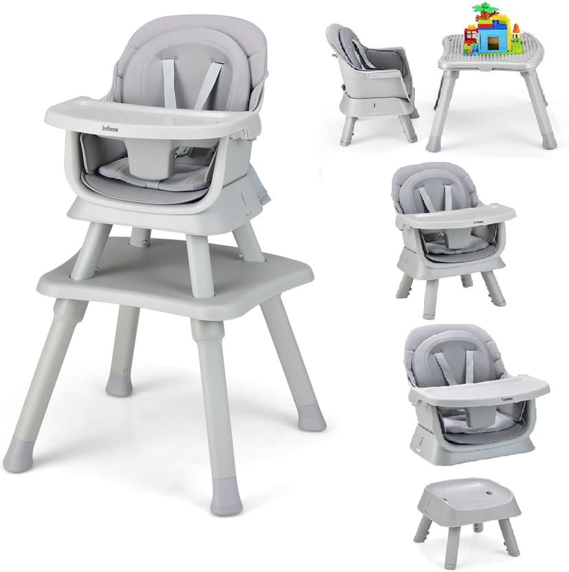 INFANS 8 in 1 Baby High Chair, Convertible Highchair for Babies and Toddlers, Infant Dining Booster Seat, Building Block Table, Kids Stool Table Chair Set with Removable Tray
