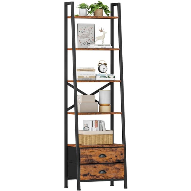 Furologee 5-Tier Ladder Shelf with 2 Drawers,Narrow Bookshelf Storage Shelves,Industrial Bookcase Freestanding Rack Units for Bedroom,Living Room,Bathroom,Home Office,Balcony,Wood Metal,Rustic Brown