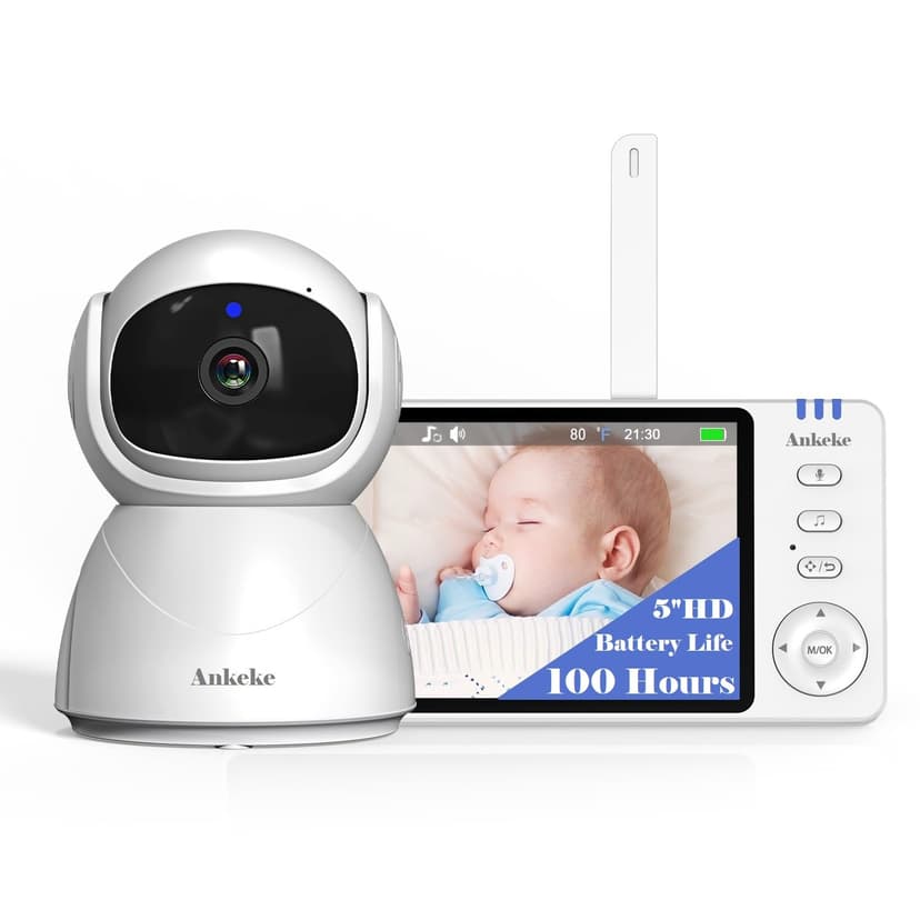 5" Video Baby Monitor with Camera and Audio, 720P HD Wireless No WiFi No App, 2-Way Talk,Voice Motion Detection, 8 Lullabies, 1000ft Long Range, Night Vision, Temperature & Feeding Alarm, 355° PTZ