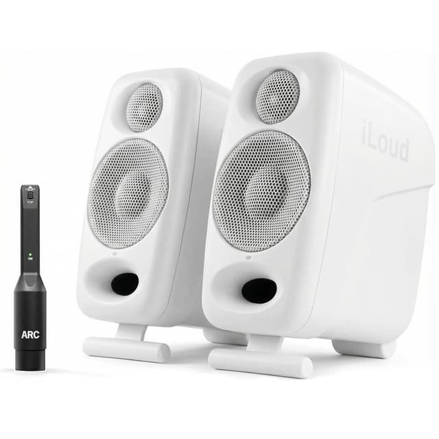 IK Multimedia Premium Version iLoud Micro Monitor Pro White (Pair) 50 Watt Portable & Powerful Reference Studio Monitor, Class D High-Efficiency Amplifier, Custom-Made Drivers for Music Mixing