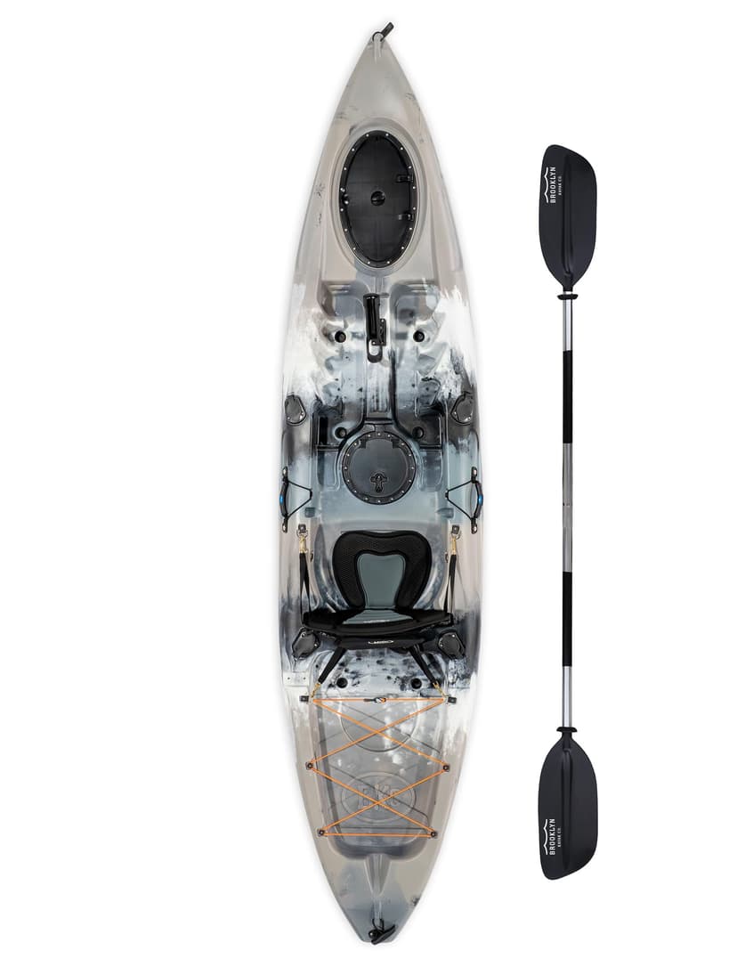 Brooklyn 11.0 Single Sit-On-Top Kayak with Paddle & Padded Seat by BKC – Stable Fishing & Recreation Kayak, 420 lb Capacity, Dry Storage Hatches, Lightweight 58 lb Design (Grey)