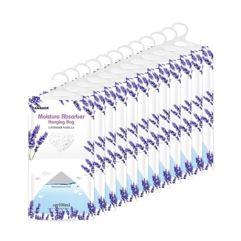 CANAGER Moisture Absorber -12 Pack,Lavender Vanilla Hanging Humidity Bag,Home,Car, and Closet Dehumidifiers and Deodorizers (12.5OZ)