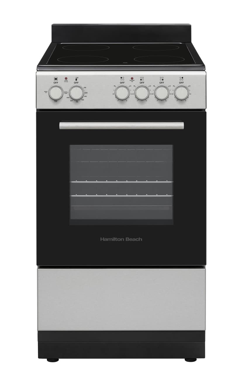 Hamilton Beach 20” Electric Range and Oven with VitroCeramic Cooktop, Heavy-Duty Knobs, Inox Stainless Steel