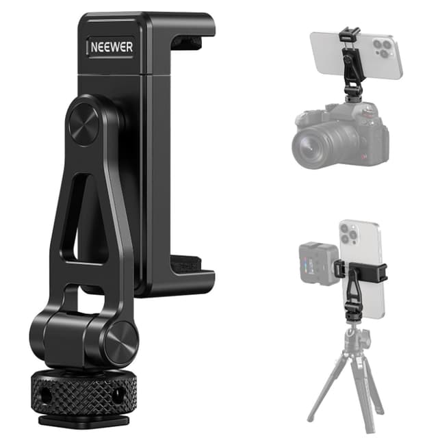 NEEWER Metal Phone Tripod Mount with Cold Shoes, 1/4" Thread, 180° Tilt, 360° Rotation, Adjustable Phone Clamp Holder Compatible with iPhone 17 Pro Max 16 15 Samsung S25 S24 Ultra Camera Cage, GA010