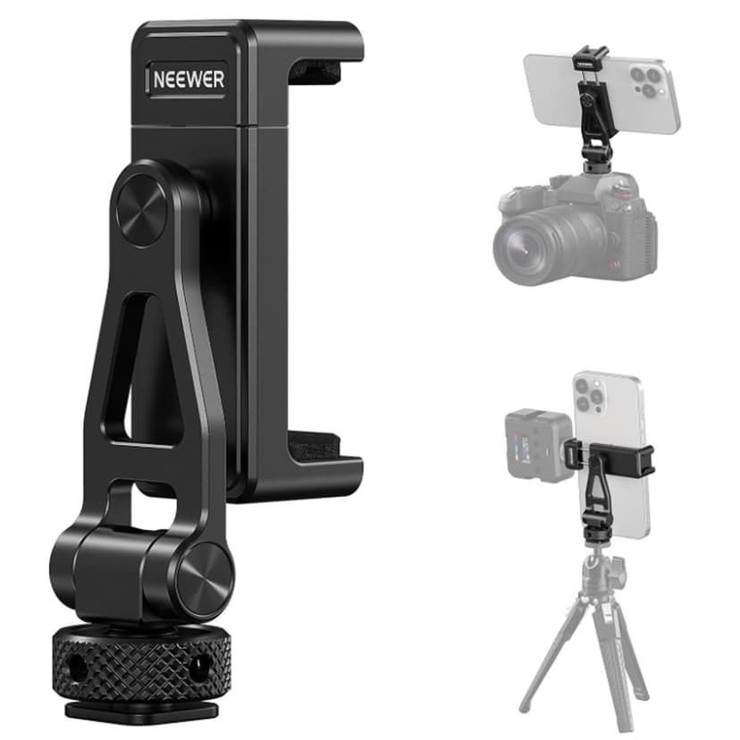 NEEWER Metal Phone Tripod Mount with Cold Shoes, 1/4" Thread, 180° Tilt, 360° Rotation, Adjustable Phone Clamp Holder Compatible with iPhone 17 Pro Max 16 15 Samsung S25 S24 Ultra Camera Cage, GA010