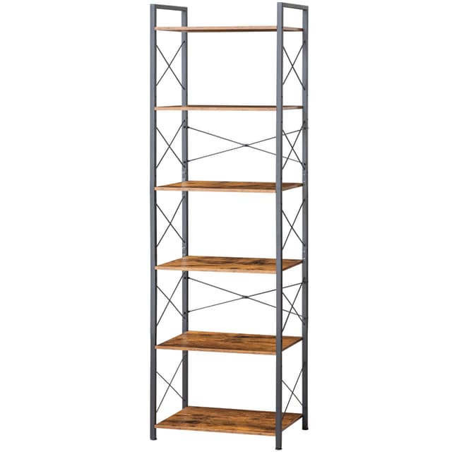 HCHQHS Narrow Bookshelf, Adjustable 6-Tier Industrial Bookcase, Rustic Open Book Shelf, Freestanding Tall Bookshelves with Metal Frame