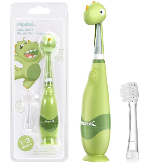 Papablic Toddler Sonic Electric Toothbrush Kids for Ages 1-3 Years, Baby Electric Toothbrush with Cute Dino Cover and Smart LED Timer, 2 Brush Heads (Max)