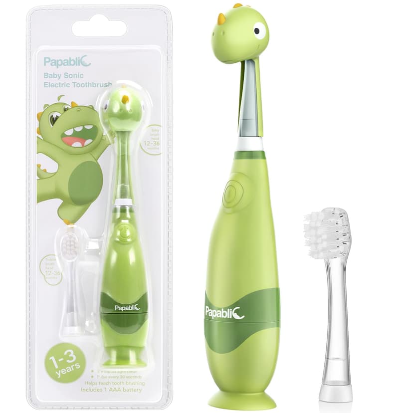Papablic Toddler Sonic Electric Toothbrush Kids for Ages 1-3 Years, Baby Electric Toothbrush with Cute Dino Cover and Smart LED Timer, 2 Brush Heads (Max)
