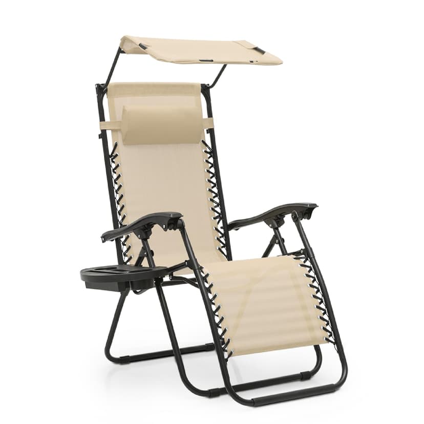 Athena Collection Folding Zero Gravity Chair with Canopy, Adjustable Lounge Chair Recliner, Outdoor Lawn Chair Camping Chairs Beach Chaise Chairs with Headrest & Cup Holder for Patio Pool, Cream