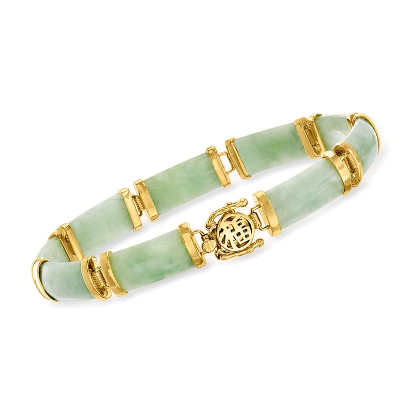 Ross-Simons Jade Good Fortune Bracelet in 18kt Gold Over Sterling, Elegant Bracelet for Women, Silver Jewelry, Christmas, Birthday Gift, 7.5"