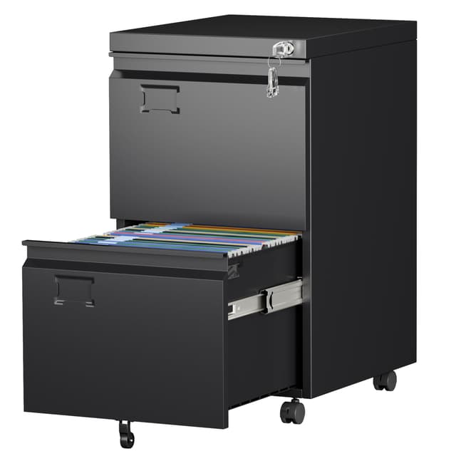 Aobabo 2 Drawer File Cabinet with Wheels, Lockable Metal Filing Cabinet with Business Card Slot for Legal/Letter Size Home Office, Required Assembled,Black