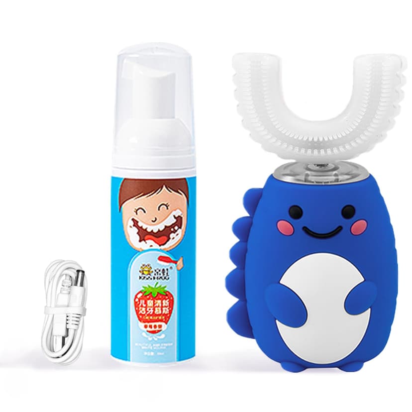 Electric Toothbrush Kids U Shaped with Specialized Foam Toothpaste, Fun Cartoon Dinosaur 360-Degree Cleaning IPX7 Waterproof Design (2-12 Age (Blue))