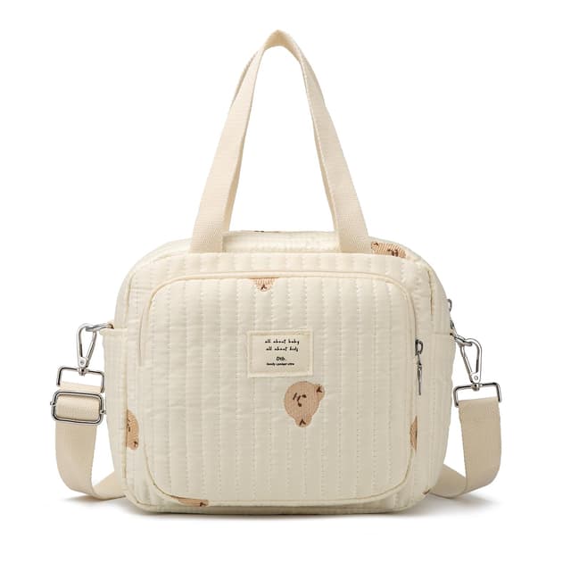 Small Diaper Bag Tote, Crossbody Diaper Bag Mini Purse with 7 Pockets, Travel Baby Bag for Boys & Girls, 2 Bottle Pocket, Off White