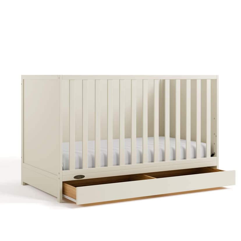 Graco Theo Convertible Crib with Storage Drawer (Frosted Oat) – GREENGUARD Gold Certified Wooden Baby Crib with Drawer, Converts to Toddler Bed, Fits Standard Crib Mattress