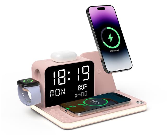 Acer 7-in-1 Wireless Charging Station with LED Clock - 30W Fast Wireless Charger for iPhone 16/15/14/13/12/Pro Max, Apple Watch, AirPods - Bluetooth Auto Time Sync & Night Lights (Pink)