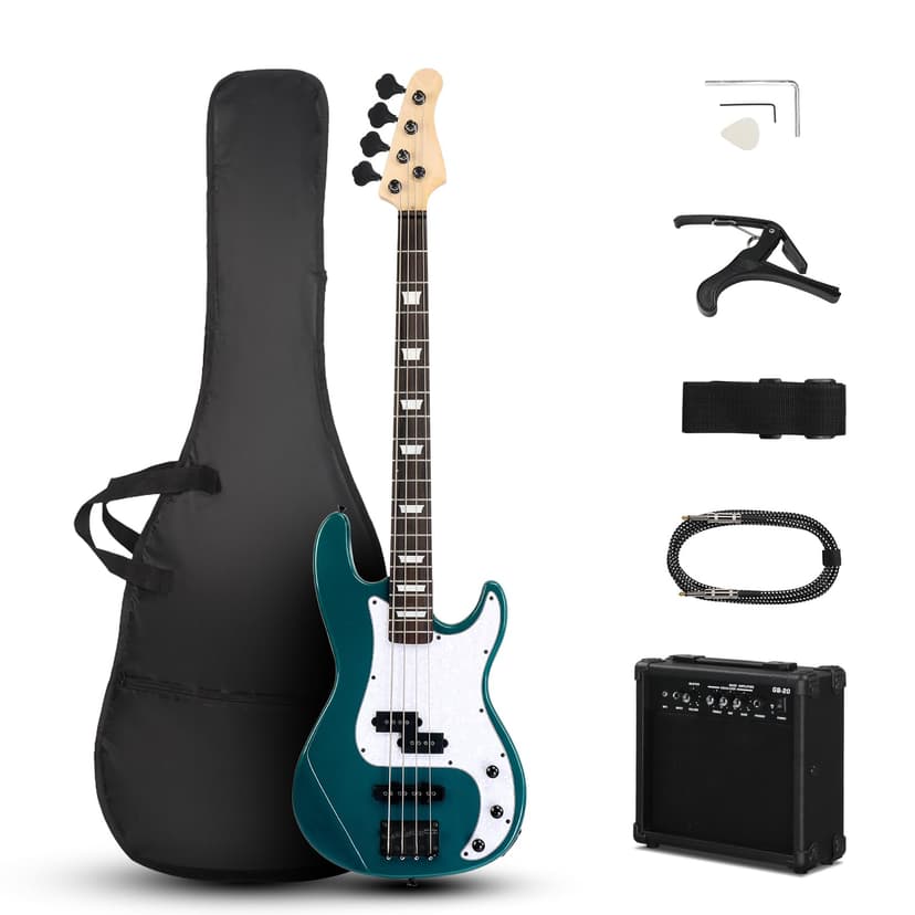 Ktaxon 4 String Electric Bass Guitar, PB-Style Full Size Standard Right Handed Beginner Kit with 20W AMP, Gig Bag, Strap, Upgrade Cable, Guitar Capo for Youths & Adults (Lake Blue)
