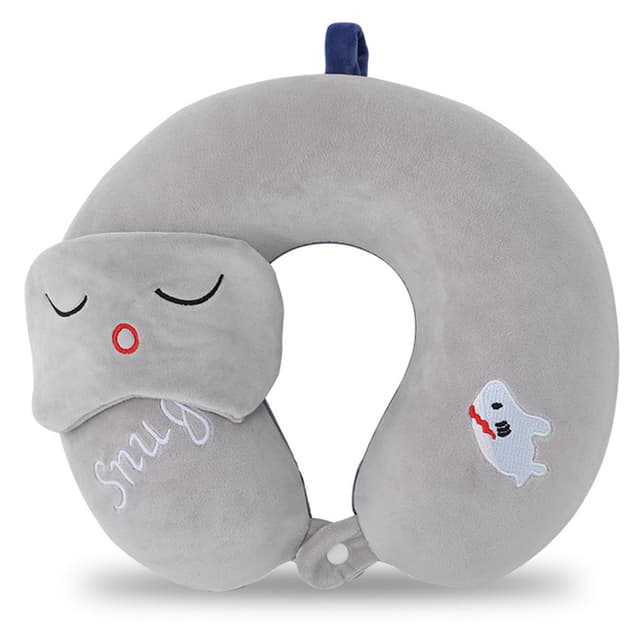 MissSoul Kids Neck Pillow for Travel with Sleep Eye Mask, Cute Travel Neck Pillow, Memory Foam Flight Sleeping Headrest Pillow for Boys & Girls, Airplane, Train, Car, Home Use - Little Shark