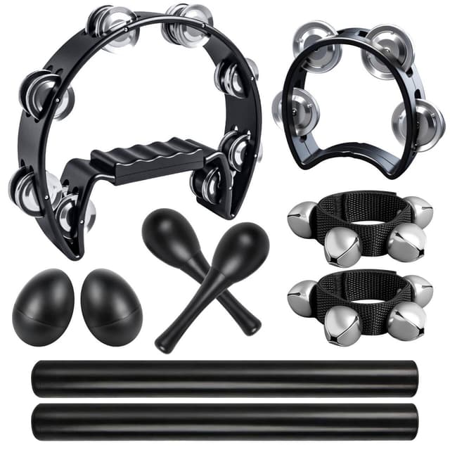 10 Pcs Black Tambourines for Adults - Half Moon Tambourine, Wood Rhythm Sticks, Bells Tambourine, Wrist Bells, Egg Shakers, a Pair Maracas, Musical Percussion Instrument Set for Church,Party