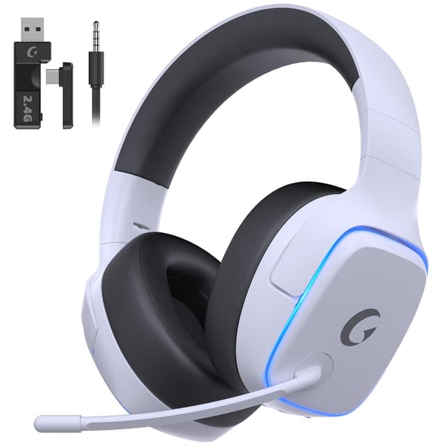 Gvyugke 2.4GHz Wireless Gaming Headsets for PS5, PS4, PC, Switch - Bluetooth 5.3 Gaming Headphones with Noise Canceling Mic, 7.1 Surround Sound, 70H Battery, Blue Lighting - White