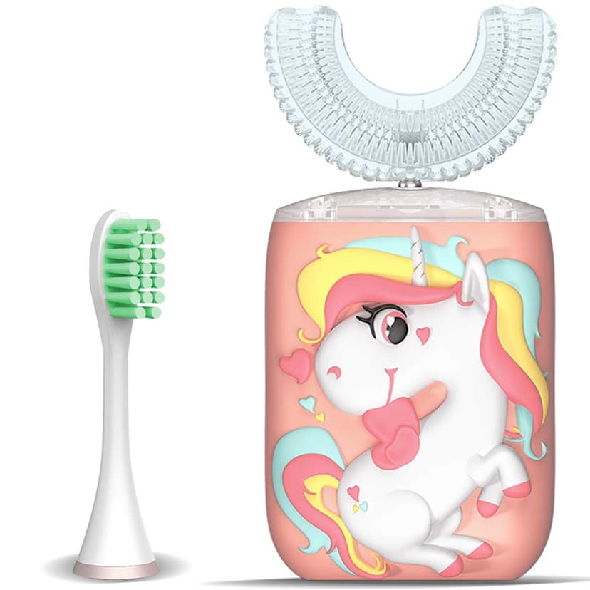 KRX Kids Toothbrush Electric, U Shaped Ultrasonic Automatic Toothbrush with 2 Brush Heads, Six Cleaning Modes, Cartoon Modeling Design for Kids, Special for Birthday Gift (Pink, Kids 2-7)