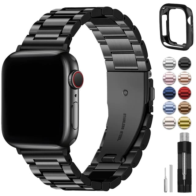 Fullmosa Band Compatible with Apple Watch 44mm 45mm 42mm, Stainless Steel iWatch Band for Apple Watch Se 2 Series 9/8/7/6/5/4/3/2/1(Black, 42mm/44mm/45mm)