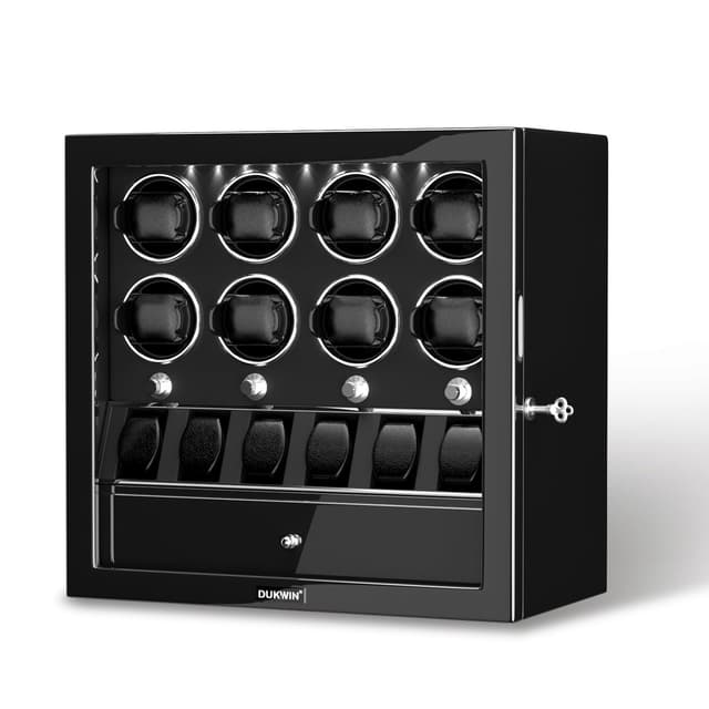 DUKWIN Watch Winder for 8 Automatic Watches,Lockable Watch Winders with Watch Holder and Jewelry Storage, Super Quiet Mabuchi Motor with High-Gloss Piano Lacquer Finish,Built-in Illumination-Black