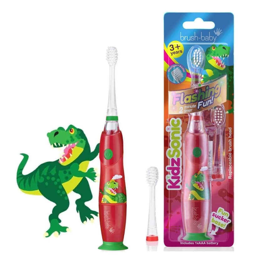 Brush‑Baby - KidzSonic Dinosaur Kids Electric Toothbrush for Ages 3+ with Disco LED Lights, Gentle Sonic Vibrations, 2-Minute Smart Timer & 30‑Second Pulse Reminders – AAA Battery Included