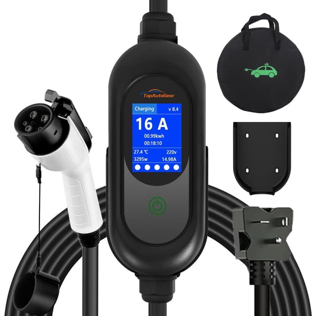 Level 1 Level 2 EV Charger, 16 Amp 110-240V Portable Electric Car Charger, LCD Screen Display, Adjustable Current 8A-16A, Include NEMA6-20R to NEMA 5-15P Plug Compatible with All SAE J1772 EVs